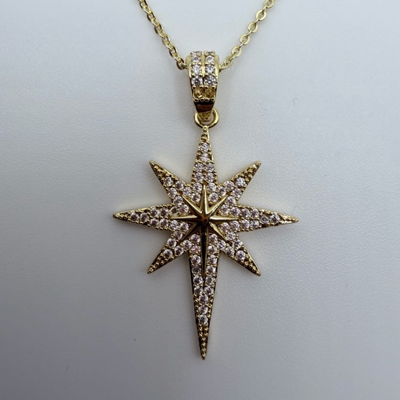 Adina Eden Pave Elongated Gold Plated Starburst Pendant Necklace NWT - Picture 2 of 3